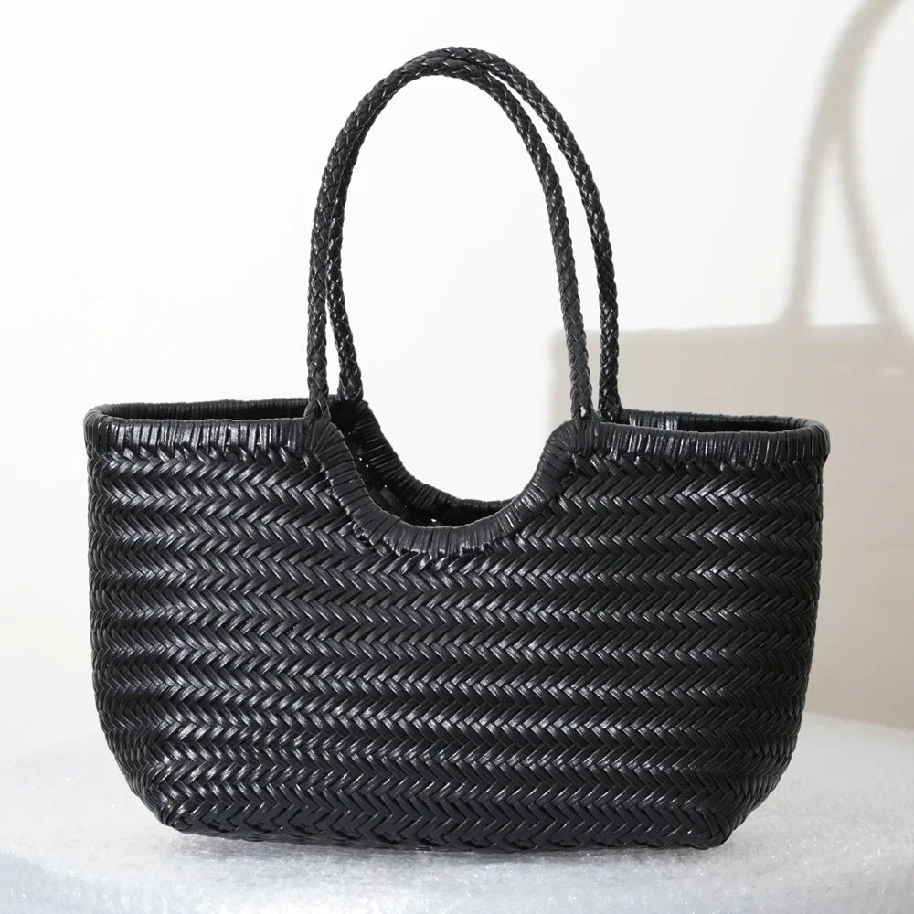 Women's Genuine Leather Woven Tote Shoulder Bag – Vintage Casual Cowhide Handbag