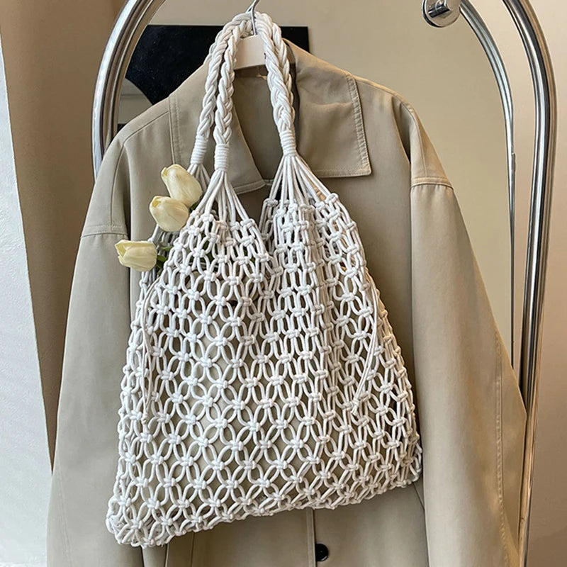 Women's Bohemian Straw Crochet Tote Bag – Raffia Woven Knit Shoulder Bag for Summer & Beach