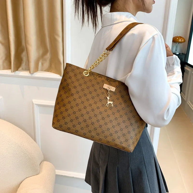 Women's Large Capacity PU Leather Plaid Tote Bag – Soft Shoulder Handbag with Tassel Detail