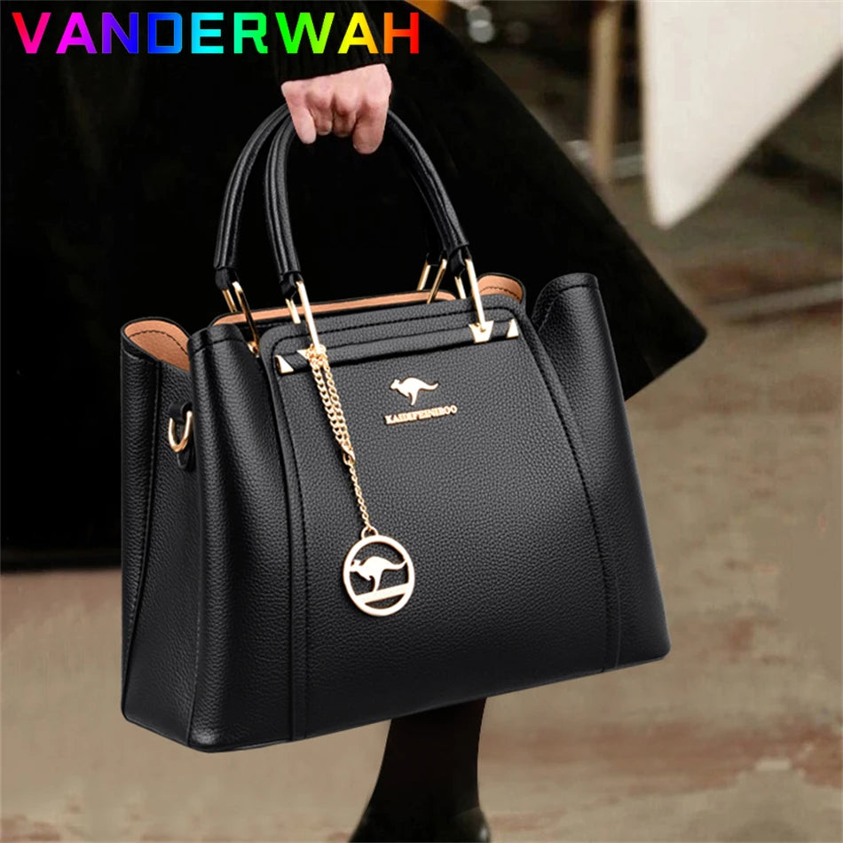 Women's Luxury Soft Split Leather Tote Bag – 3-Layer Large Capacity Shoulder & Crossbody Handbag