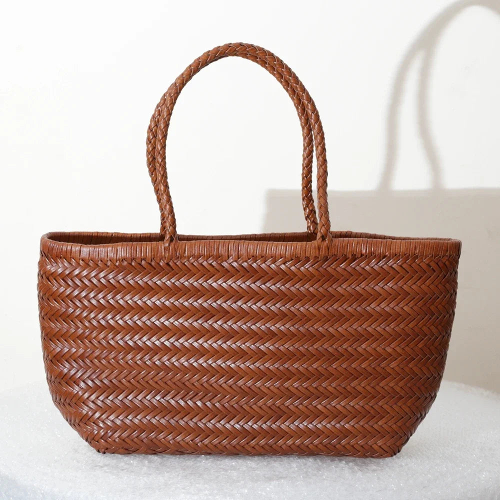 Women's Genuine Leather Woven Tote Shoulder Bag – Vintage Casual Cowhide Handbag