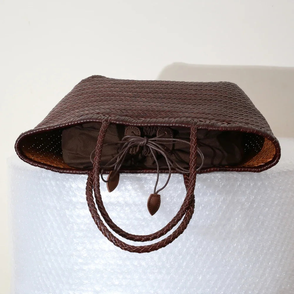 Women's Genuine Leather Woven Tote Shoulder Bag – Vintage Casual Cowhide Handbag