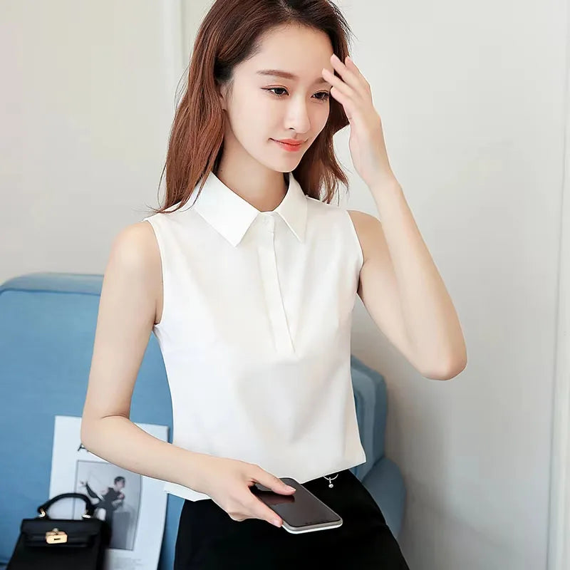Office Work Wear Women Spring Summer Style Chiffon Blouses Shirts Lady Casual Sleeveless Turn-down Collar Blusas Tops