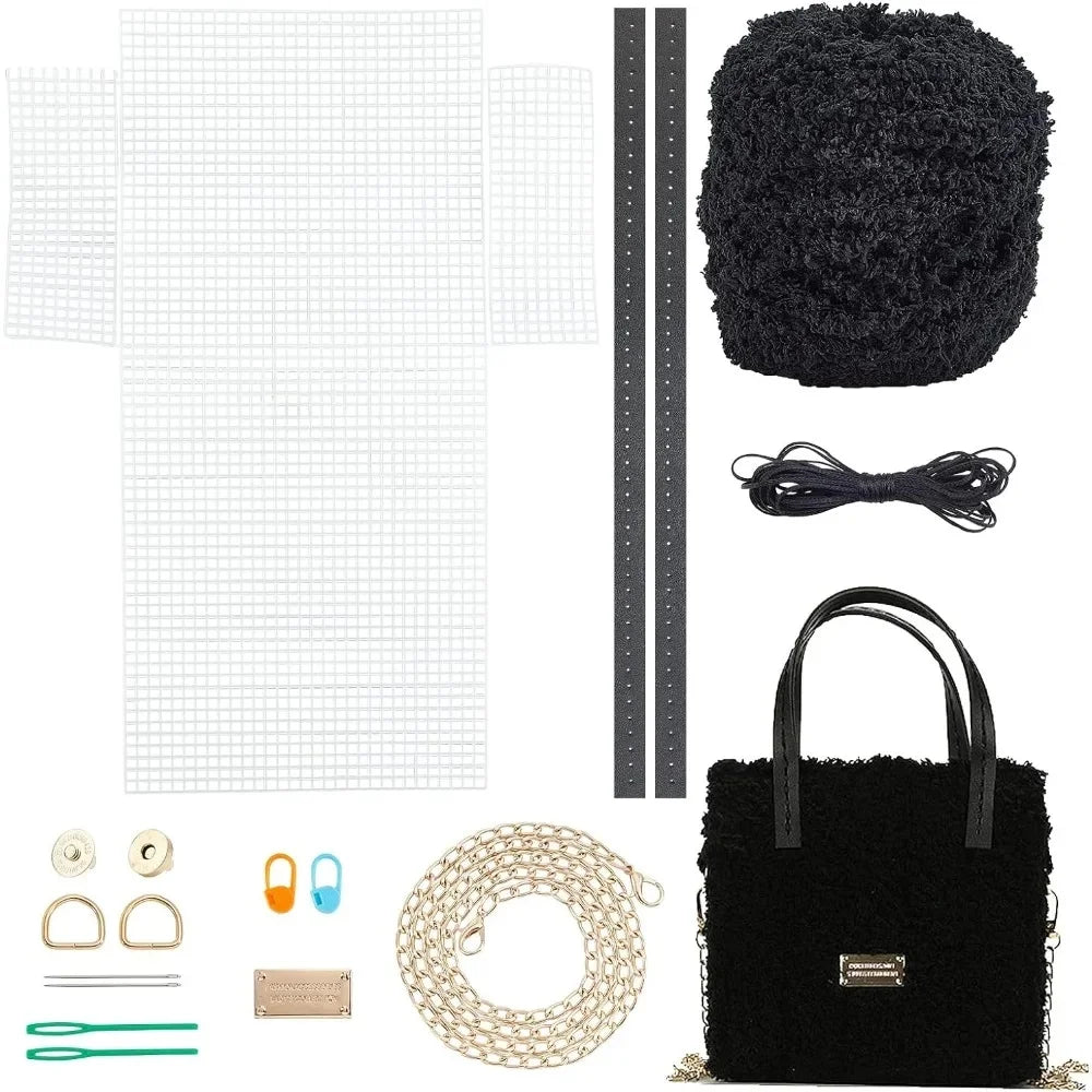 DIY Knitting Crochet Bag Making Kit – Hand-Knit Woven Bag with Mesh Canvas, PU Leather & Metal Chain