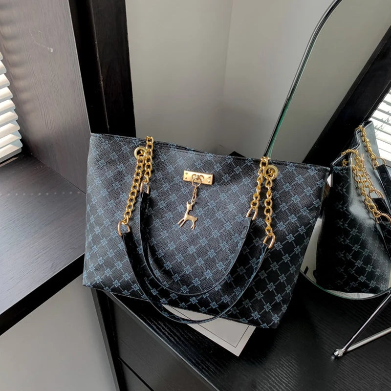 Women's Large Capacity PU Leather Plaid Tote Bag – Soft Shoulder Handbag with Tassel Detail