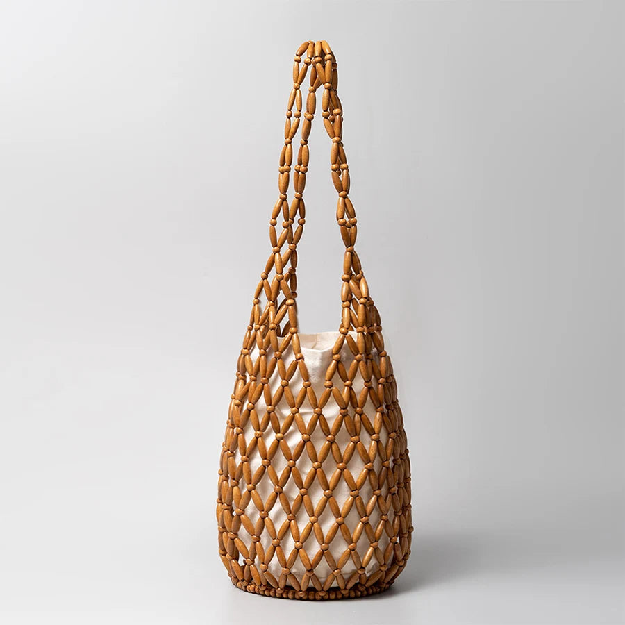 Women's Hollow-Out Woven Bead Tote Shoulder Bag – Summer Beach Handbag