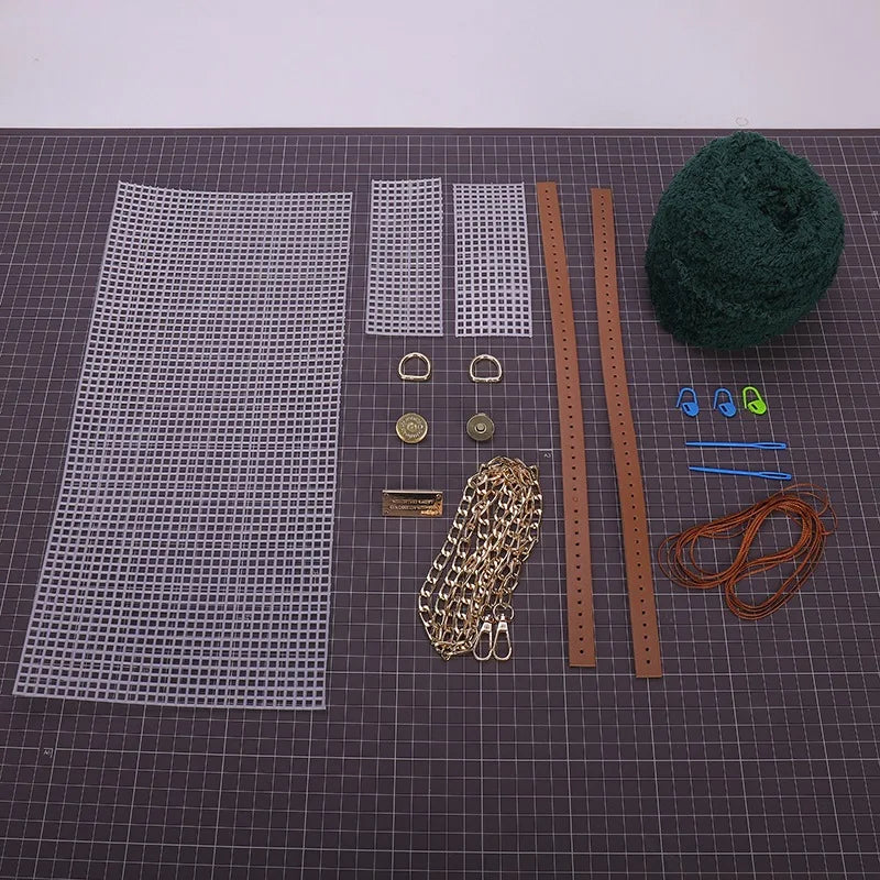 DIY Knitting Crochet Bag Making Kit – Hand-Knit Woven Bag with Mesh Canvas, PU Leather & Metal Chain