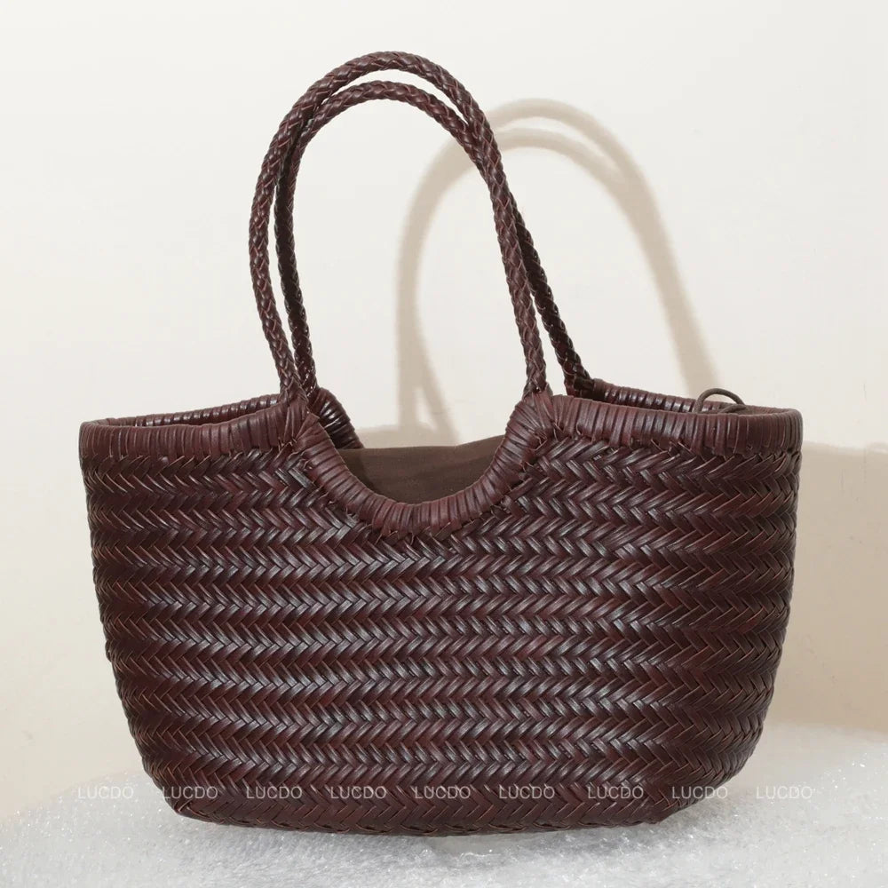 Women's Genuine Leather Woven Tote Shoulder Bag – Vintage Casual Cowhide Handbag