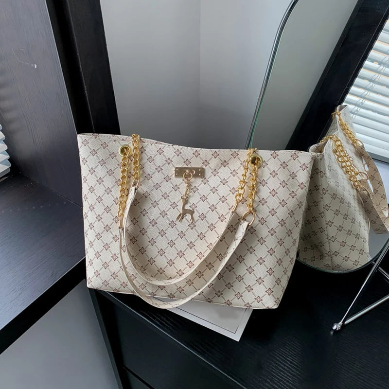 Women's Large Capacity PU Leather Plaid Tote Bag – Soft Shoulder Handbag with Tassel Detail