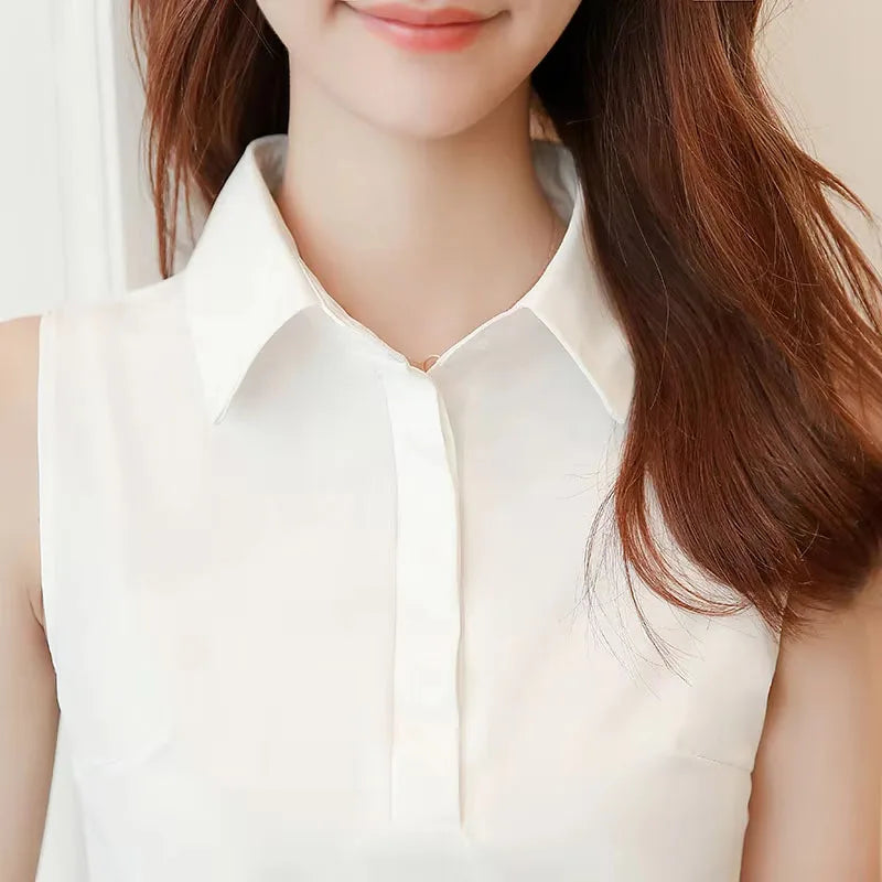 Office Work Wear Women Spring Summer Style Chiffon Blouses Shirts Lady Casual Sleeveless Turn-down Collar Blusas Tops