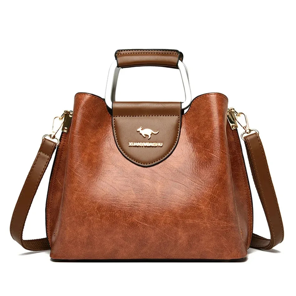 Women's Luxury Soft Split Leather Tote Bag – 3-Layer Large Capacity Shoulder & Crossbody Handbag