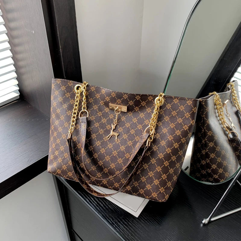 Women's Large Capacity PU Leather Plaid Tote Bag – Soft Shoulder Handbag with Tassel Detail