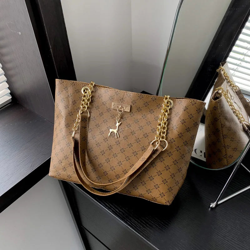 Women's Large Capacity PU Leather Plaid Tote Bag – Soft Shoulder Handbag with Tassel Detail