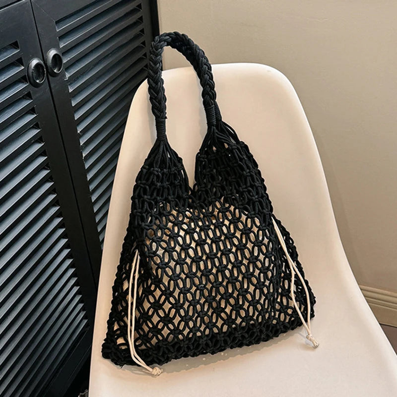 Women's Bohemian Straw Crochet Tote Bag – Raffia Woven Knit Shoulder Bag for Summer & Beach