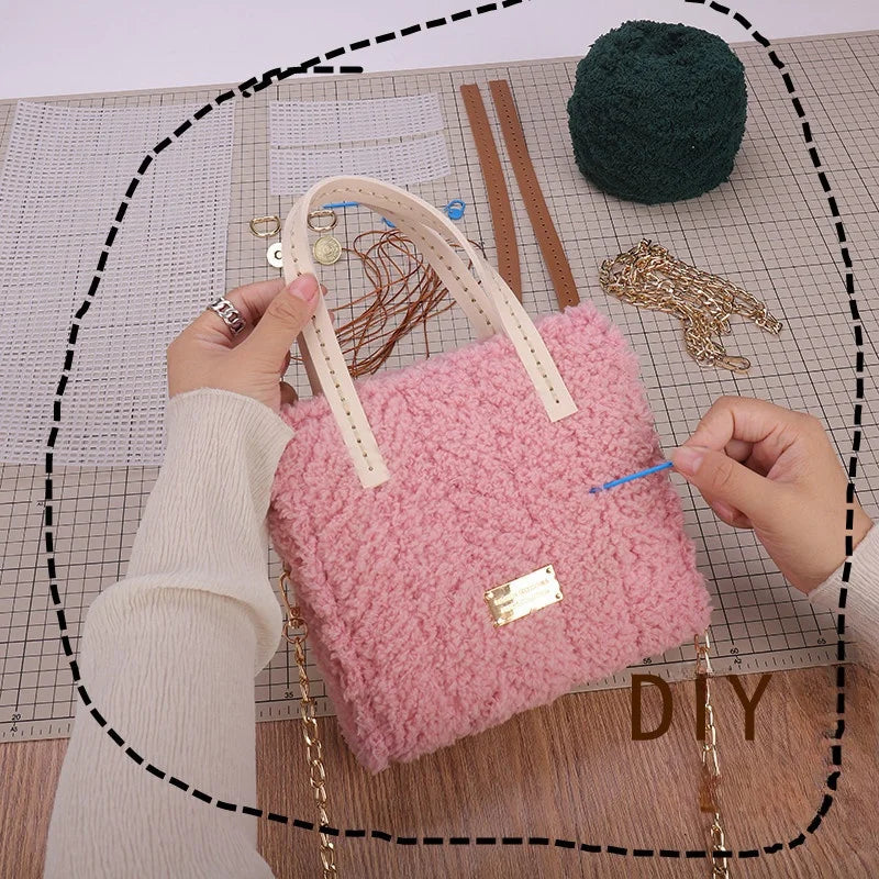 DIY Knitting Crochet Bag Making Kit – Hand-Knit Woven Bag with Mesh Canvas, PU Leather & Metal Chain