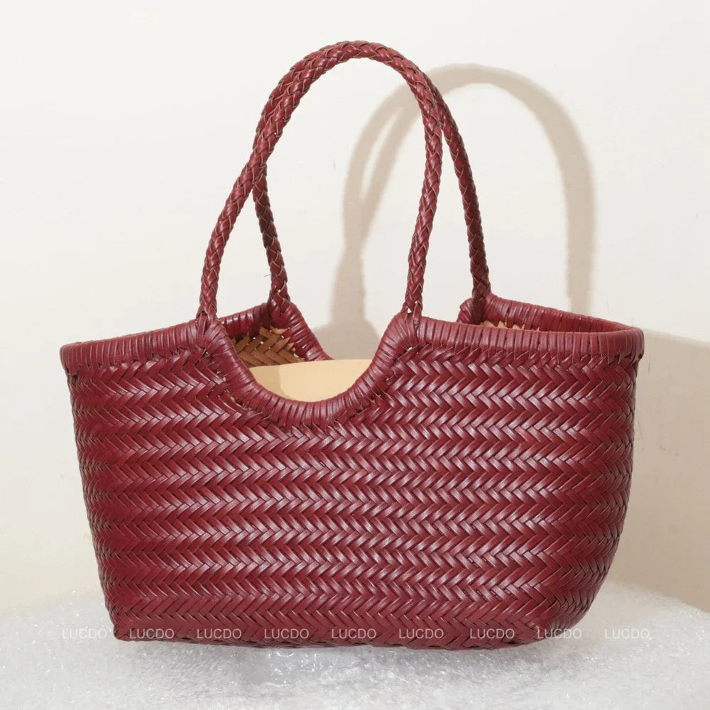 Women's Genuine Leather Woven Tote Shoulder Bag – Vintage Casual Cowhide Handbag