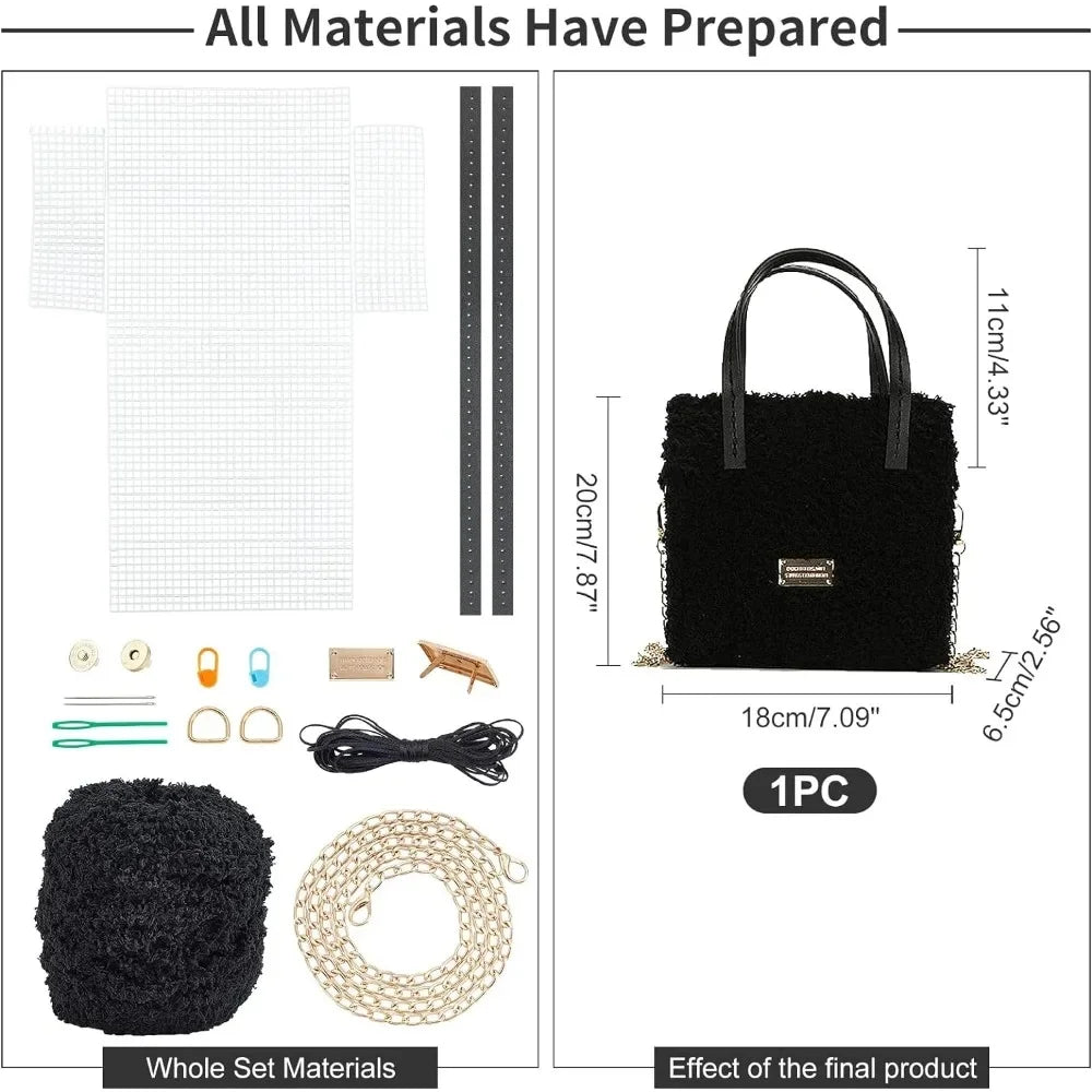 DIY Knitting Crochet Bag Making Kit – Hand-Knit Woven Bag with Mesh Canvas, PU Leather & Metal Chain