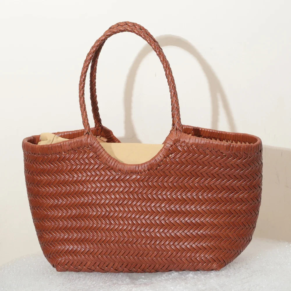 Women's Genuine Leather Woven Tote Shoulder Bag – Vintage Casual Cowhide Handbag