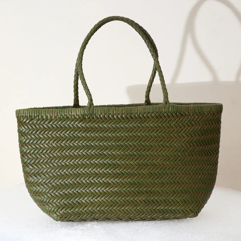 Women's Genuine Leather Woven Tote Shoulder Bag – Vintage Casual Cowhide Handbag