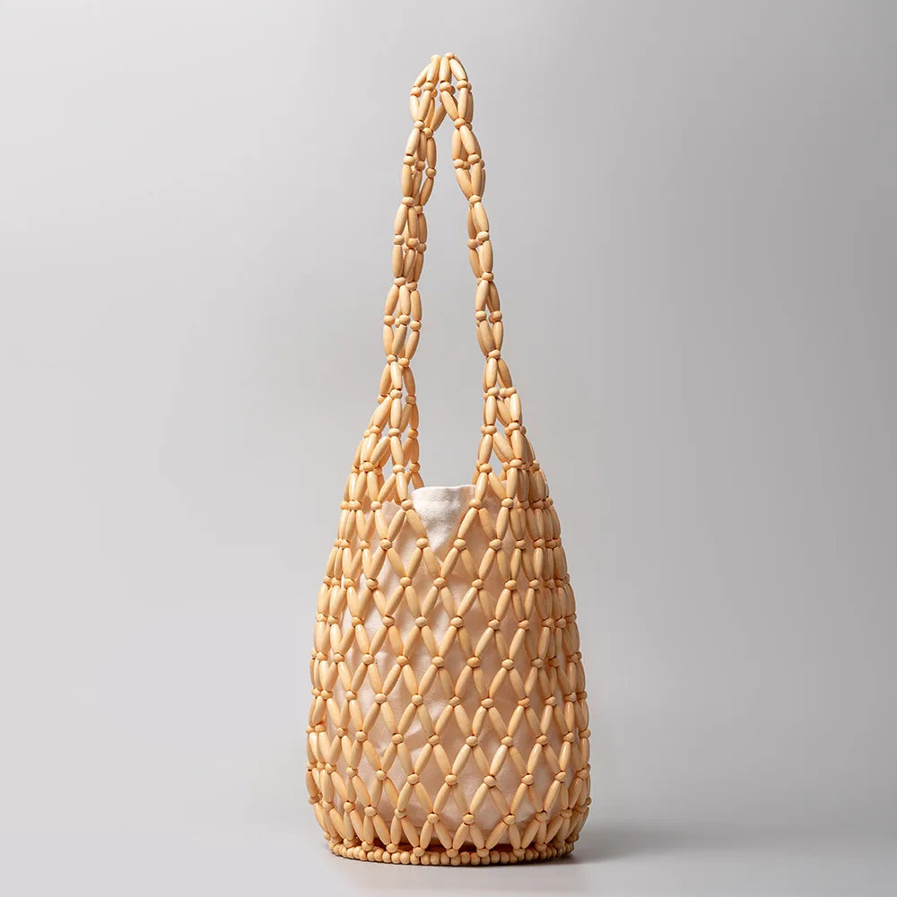 Women's Hollow-Out Woven Bead Tote Shoulder Bag – Summer Beach Handbag