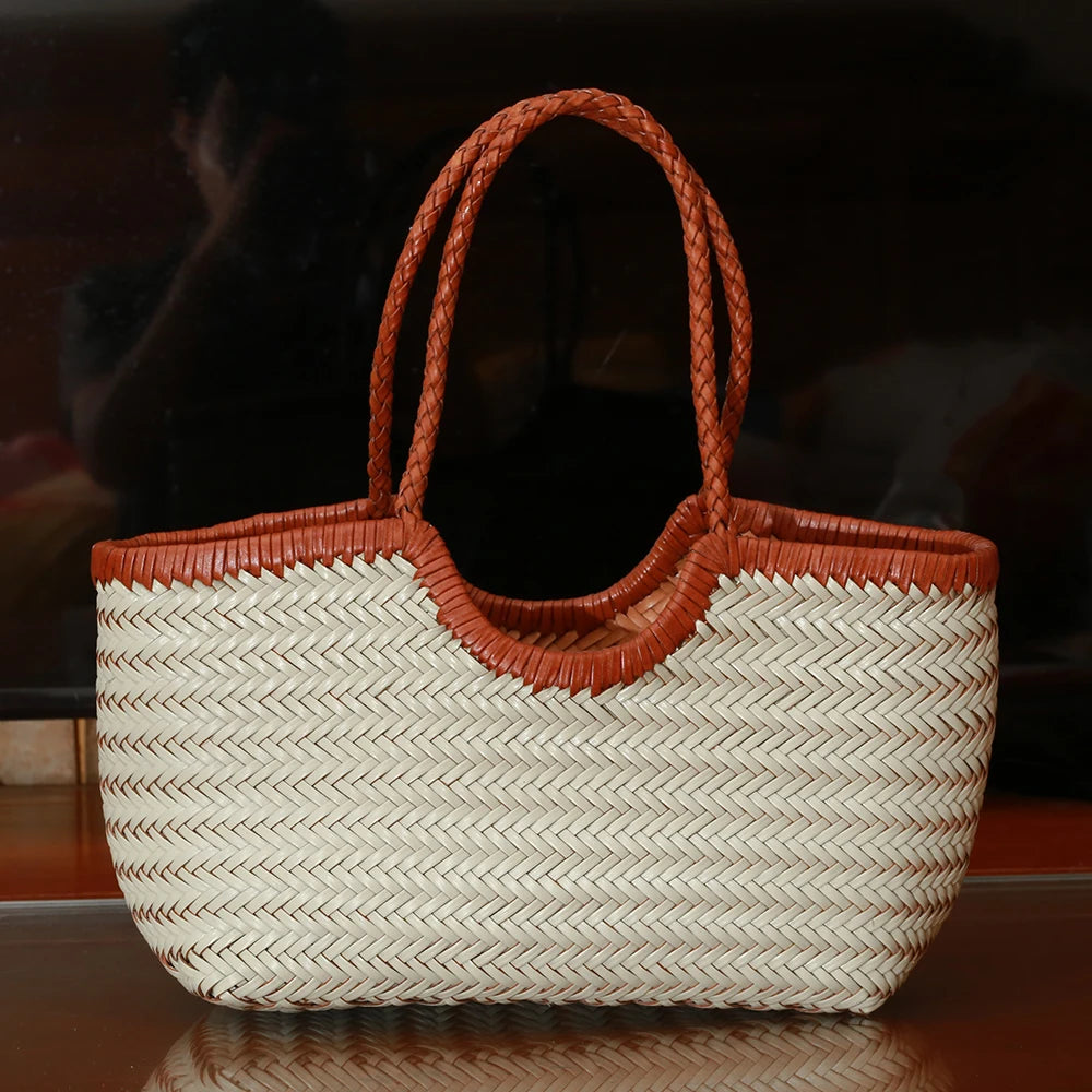 Women's Genuine Leather Woven Tote Shoulder Bag – Vintage Casual Cowhide Handbag