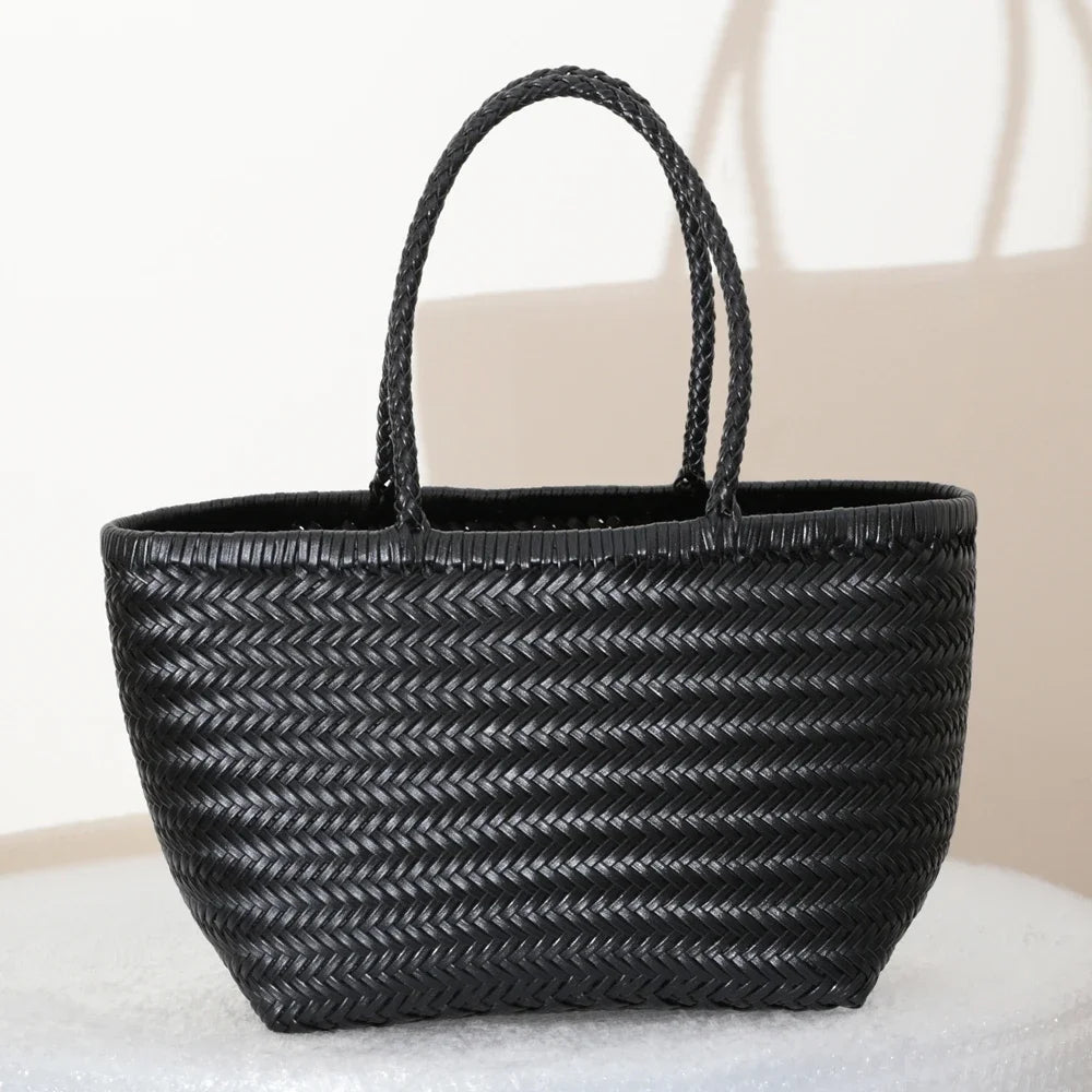 Women's Genuine Leather Woven Tote Shoulder Bag – Vintage Casual Cowhide Handbag