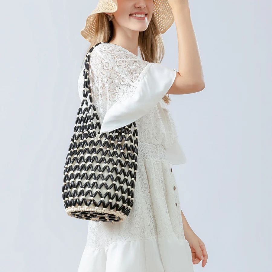 Women's Hollow-Out Woven Bead Tote Shoulder Bag – Summer Beach Handbag