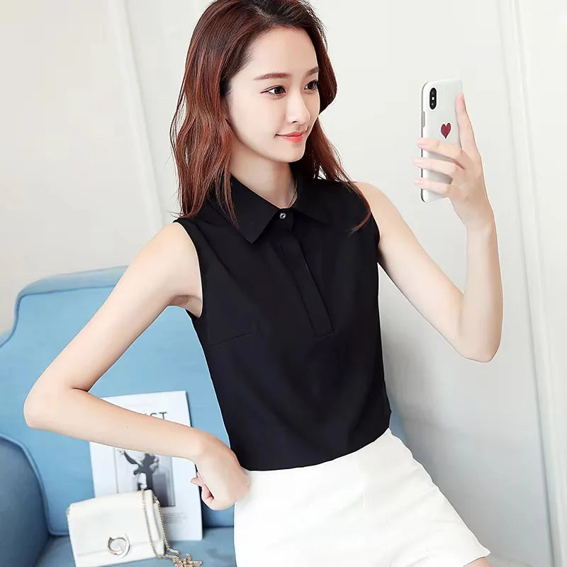 Office Work Wear Women Spring Summer Style Chiffon Blouses Shirts Lady Casual Sleeveless Turn-down Collar Blusas Tops