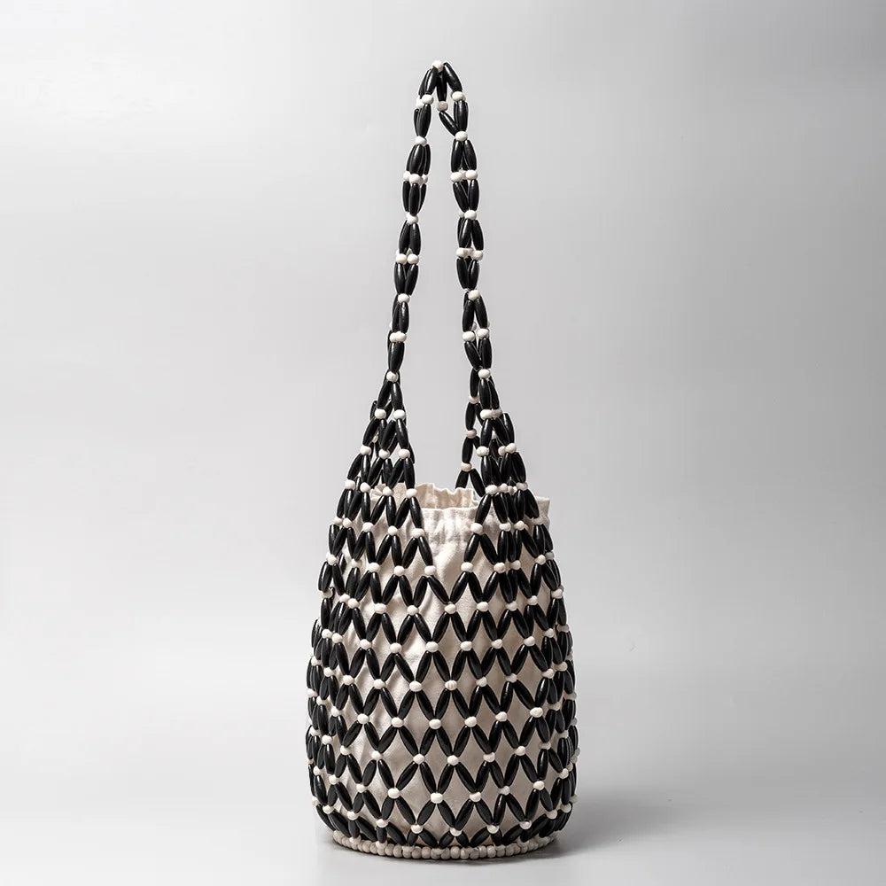 Women's Hollow-Out Woven Bead Tote Shoulder Bag – Summer Beach Handbag