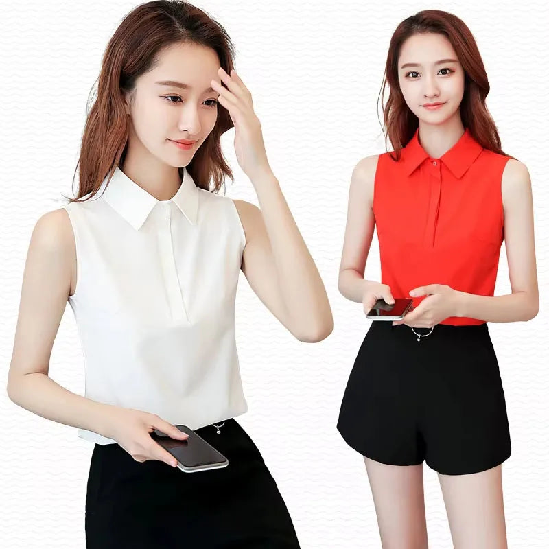 Office Work Wear Women Spring Summer Style Chiffon Blouses Shirts Lady Casual Sleeveless Turn-down Collar Blusas Tops