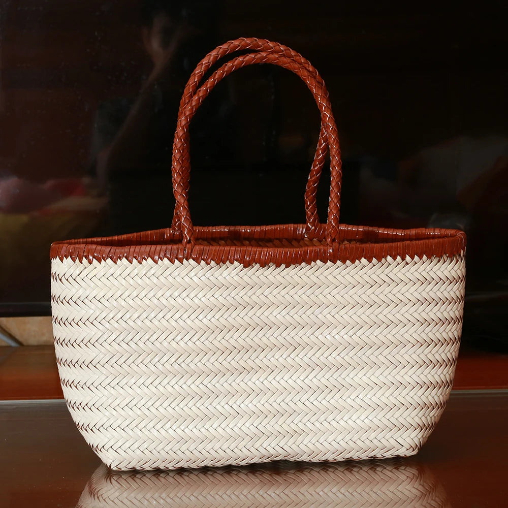 Women's Genuine Leather Woven Tote Shoulder Bag – Vintage Casual Cowhide Handbag