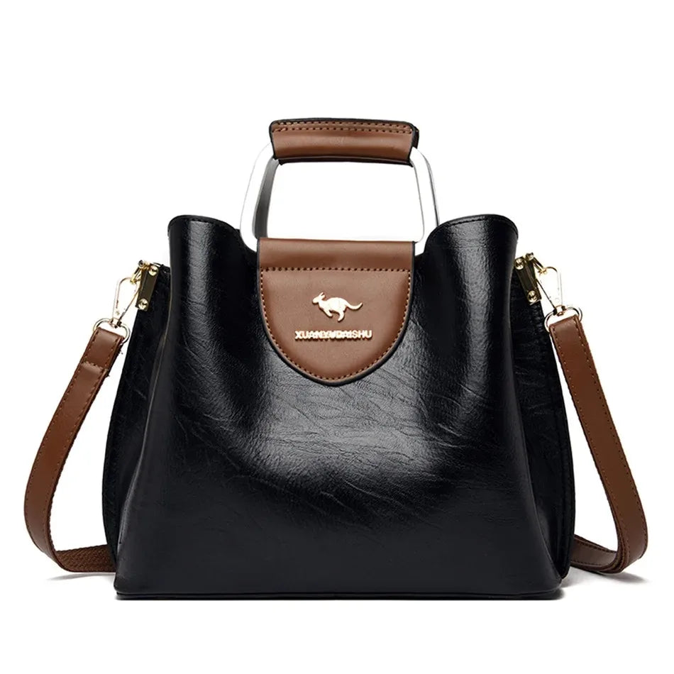 Women's Luxury Soft Split Leather Tote Bag – 3-Layer Large Capacity Shoulder & Crossbody Handbag