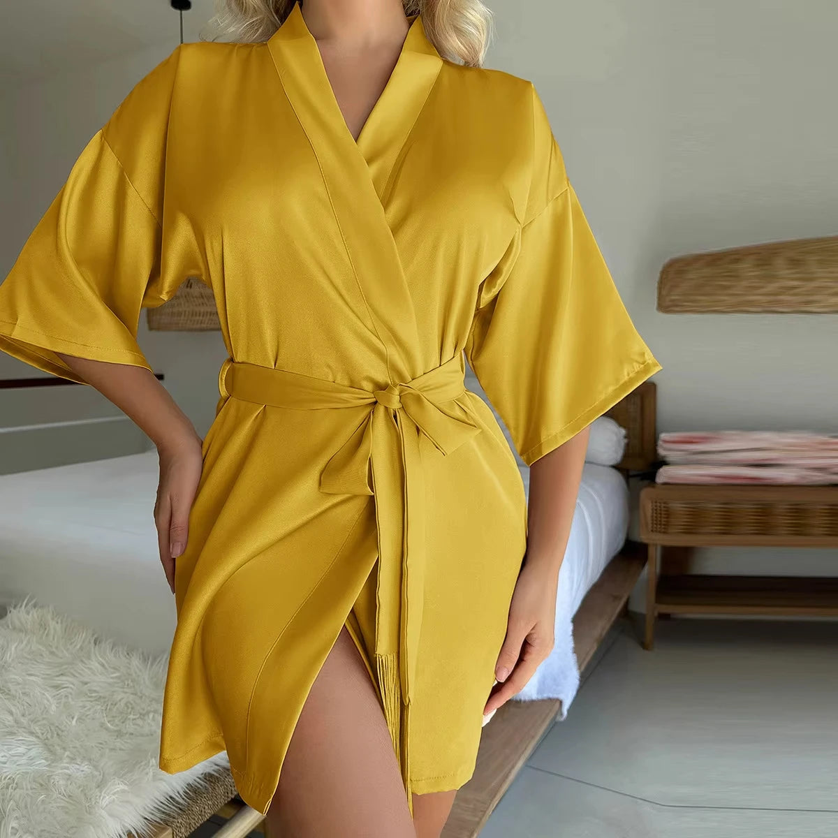 Women's Elegant Silky Robe & Nightgown - Lace Trim Loungewear