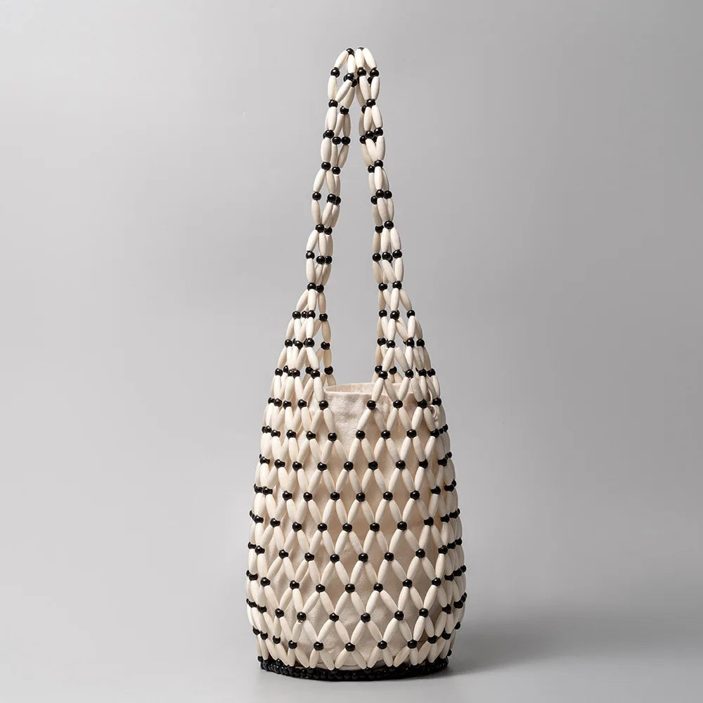 Women's Hollow-Out Woven Bead Tote Shoulder Bag – Summer Beach Handbag