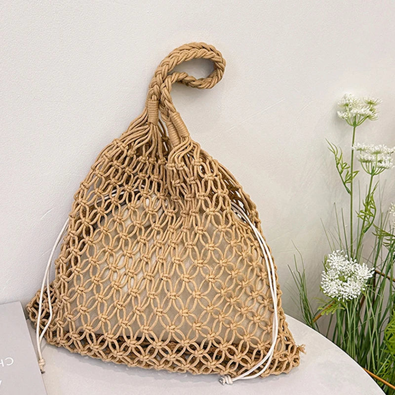 Women's Bohemian Straw Crochet Tote Bag – Raffia Woven Knit Shoulder Bag for Summer & Beach