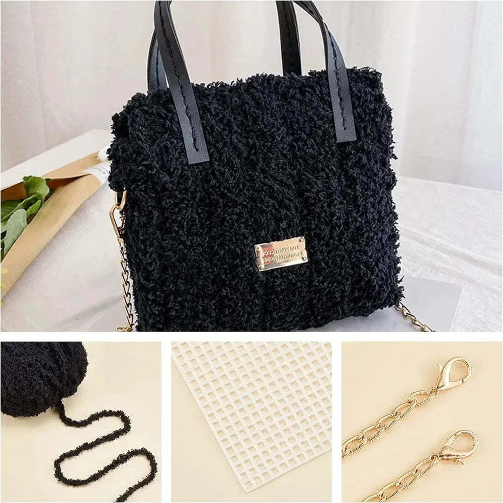 DIY Knitting Crochet Bag Making Kit – Hand-Knit Woven Bag with Mesh Canvas, PU Leather & Metal Chain