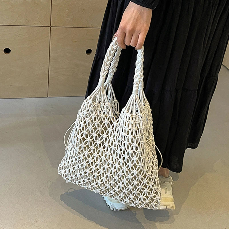 Women's Bohemian Straw Crochet Tote Bag – Raffia Woven Knit Shoulder Bag for Summer & Beach
