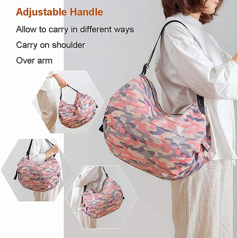 Large Capacity Foldable Nylon Shopping Bag – Portable Travel Camouflage Handbag with Handle