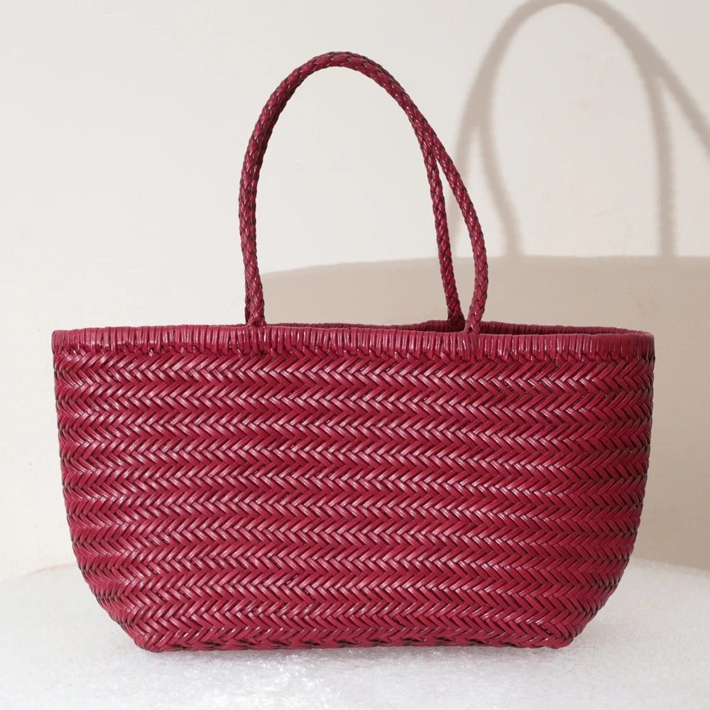 Women's Genuine Leather Woven Tote Shoulder Bag – Vintage Casual Cowhide Handbag