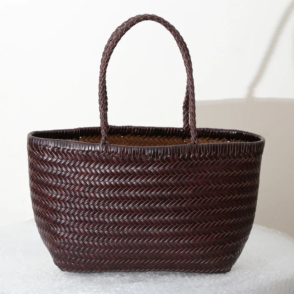 Women's Genuine Leather Woven Tote Shoulder Bag – Vintage Casual Cowhide Handbag