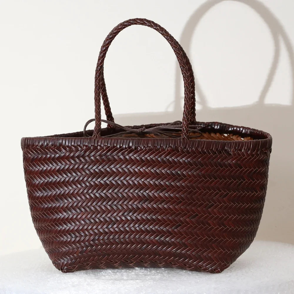 Women's Genuine Leather Woven Tote Shoulder Bag – Vintage Casual Cowhide Handbag
