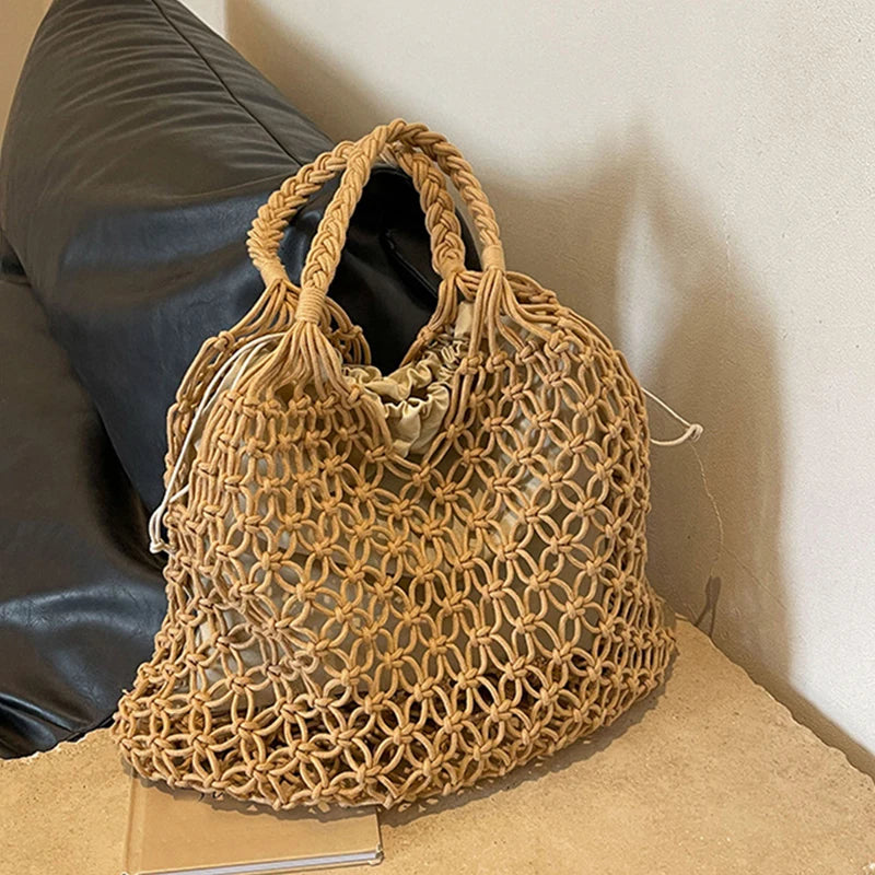 Women's Bohemian Straw Crochet Tote Bag – Raffia Woven Knit Shoulder Bag for Summer & Beach