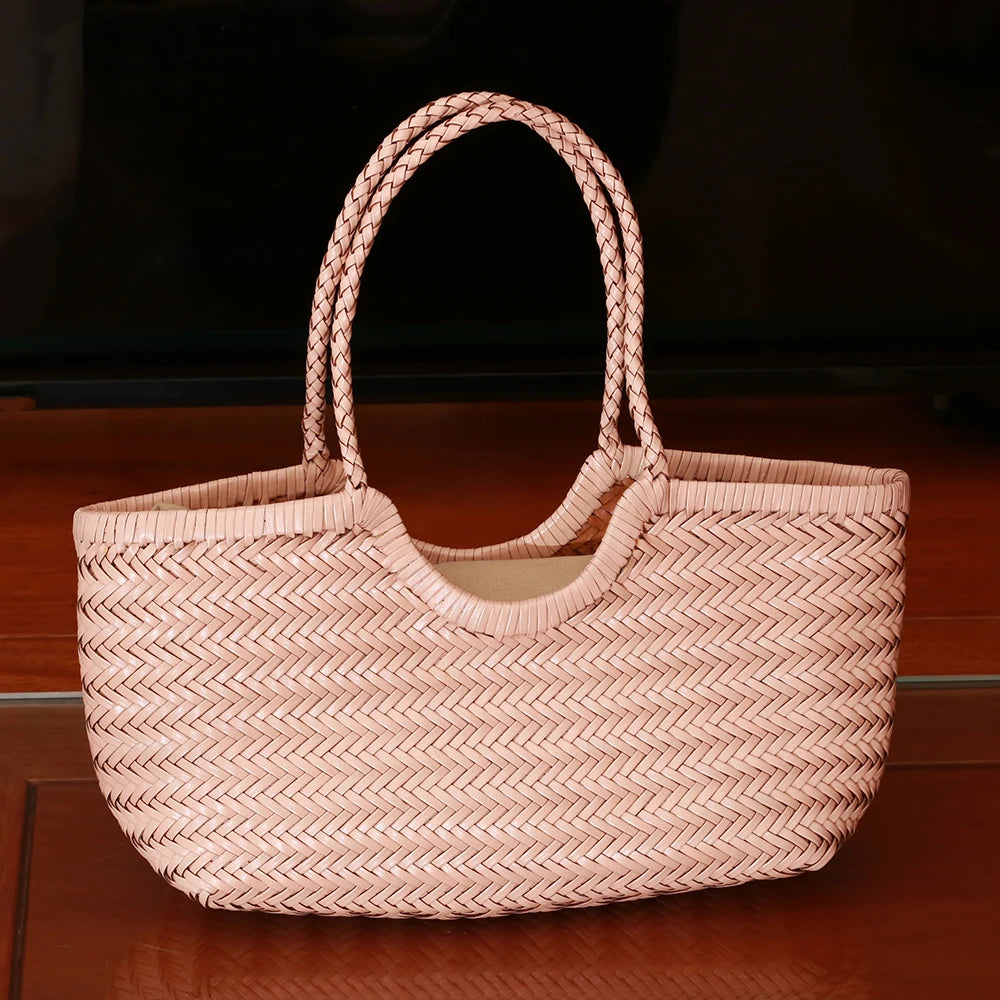 Women's Genuine Leather Woven Tote Shoulder Bag – Vintage Casual Cowhide Handbag