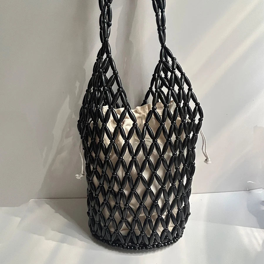 Women's Hollow-Out Woven Bead Tote Shoulder Bag – Summer Beach Handbag