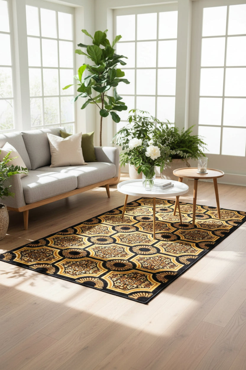 Elegant Traditional Floral Pattern Carpet – Black, Gold &amp; Beige