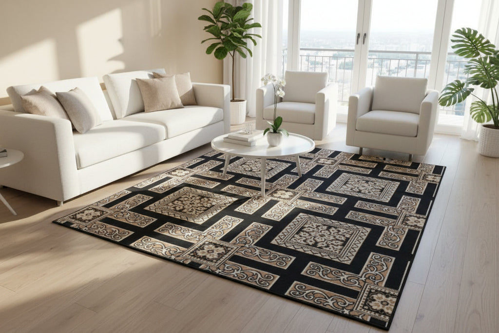 Jzah Shop| Classic Black Geometric Floral Carpet