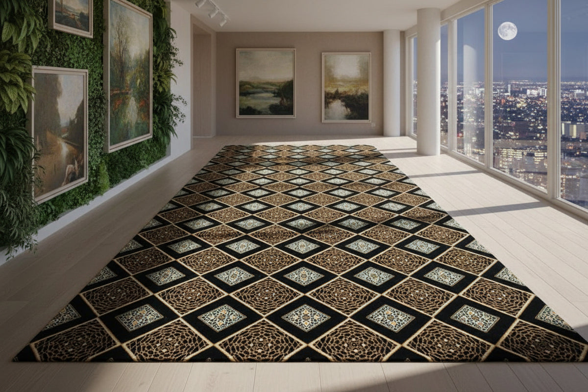 Royal Black & Gold Diamond Medallion Carpet
