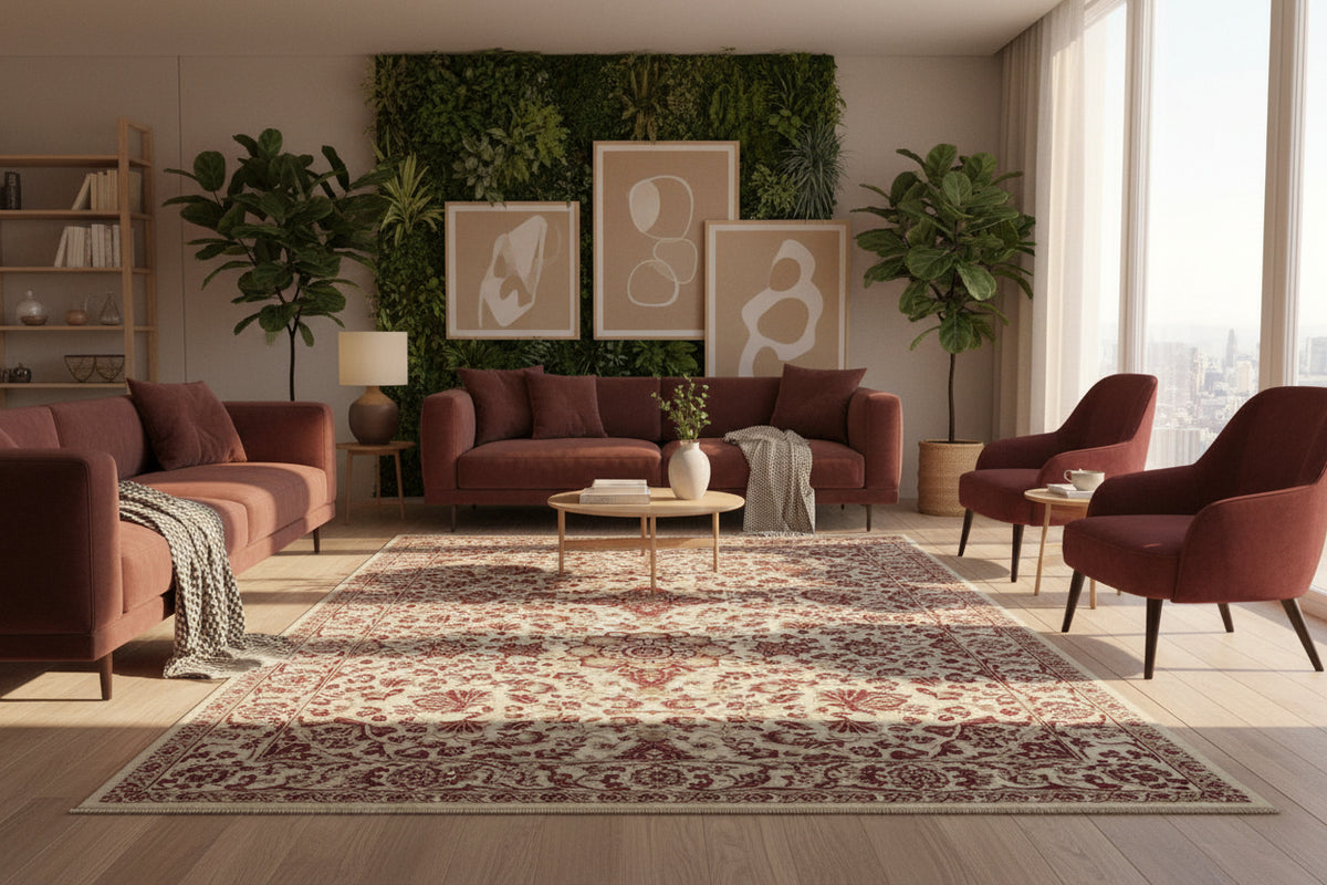 Ivory & Crimson Persian Floral Medallion Carpet