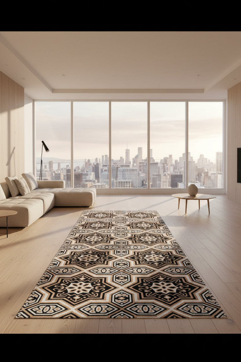 Black & Beige Moroccan Geometric Star Carpet