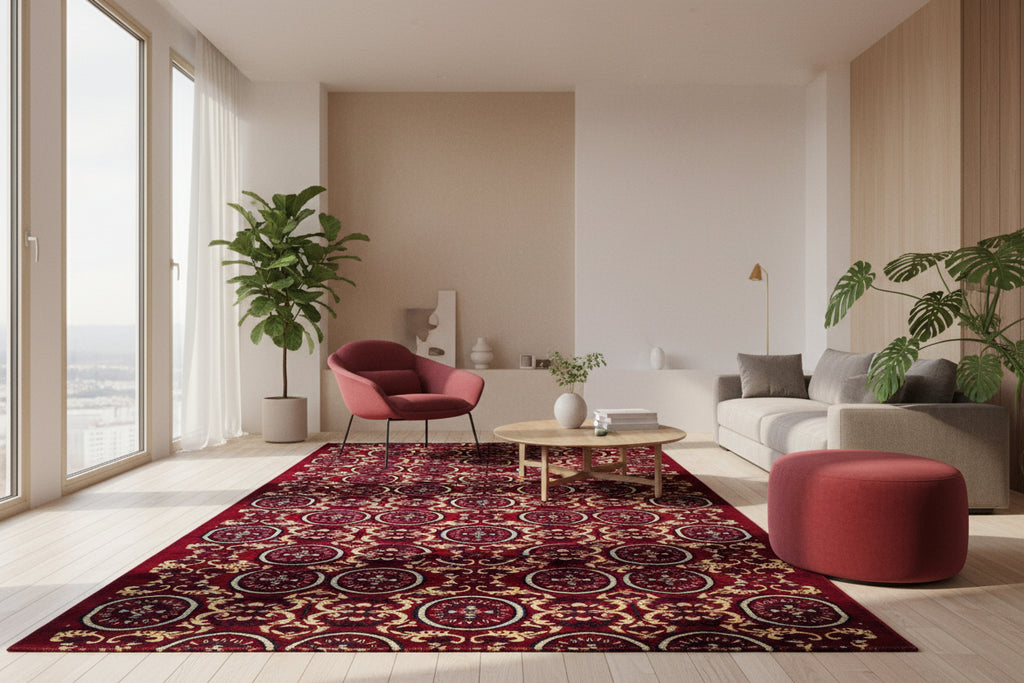 Luxurious Deep Red Medallion Carpet – Traditional .